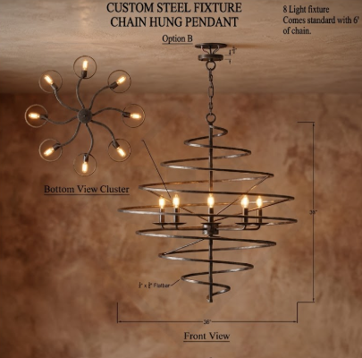 A spiral-style steel chain pendant chandelier with eight candle-style lights, shown with labeled front view, bottom view cluster, and dimension annotations on a warm brown textured background.