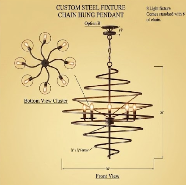 A product diagram for a custom steel fixture chain hung pendant chandelier, showing front and bottom view cluster views with dimensions, on a beige background.