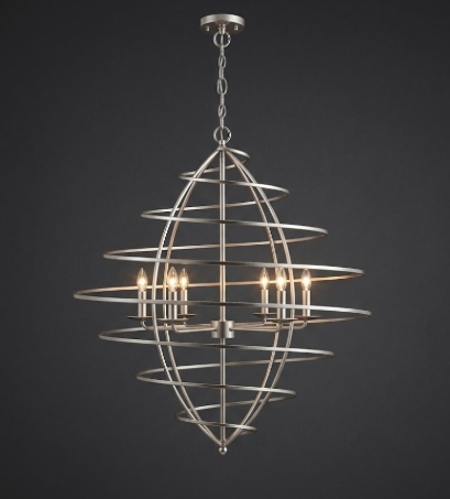 A modern five-light chandelier with a brushed silver metal frame and spiral wire design, shown illuminated against a dark gray background.