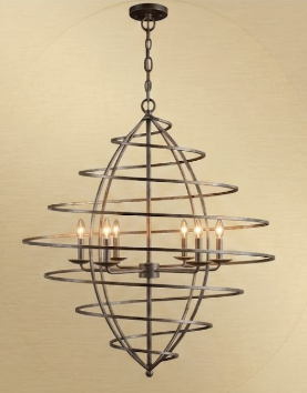 A multi-light spiral chandelier with a dark metal wireframe design, suspended from a chain against a warm beige textured wall.