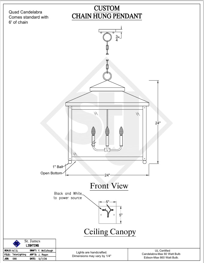 Our cost $875 Quote #5773, technical line drawing of the Porter kitchen island pendant light
