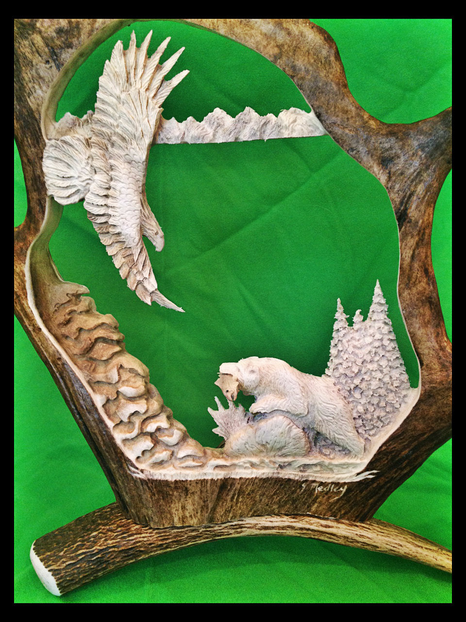 Eagle Watchful Eyes w/ Bear Antler Carving, 28"-32"