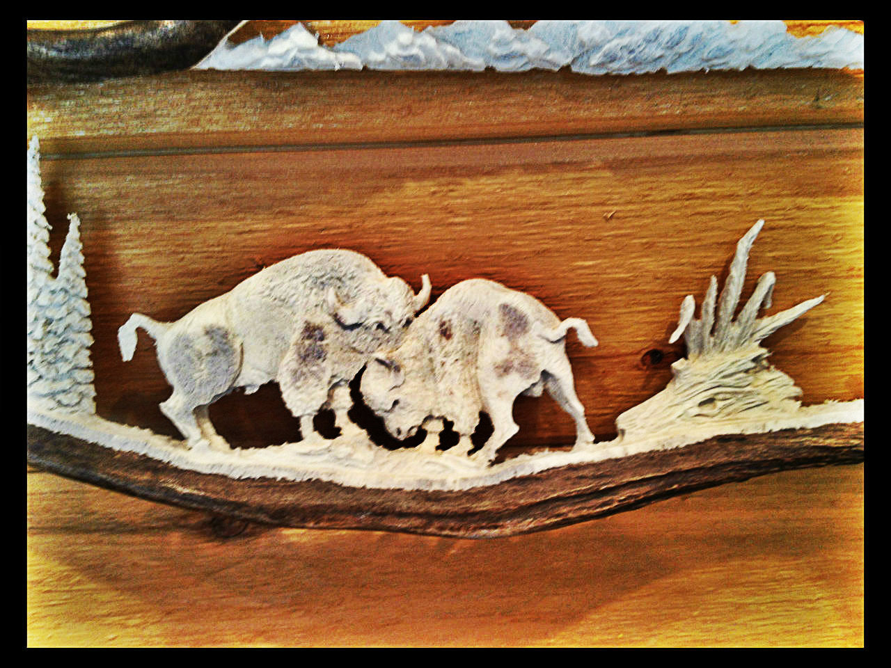 Buffalo Bulls Fighting Antler Carving