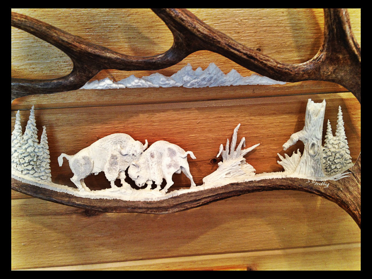 Buffalo Bulls Fighting Antler Carving