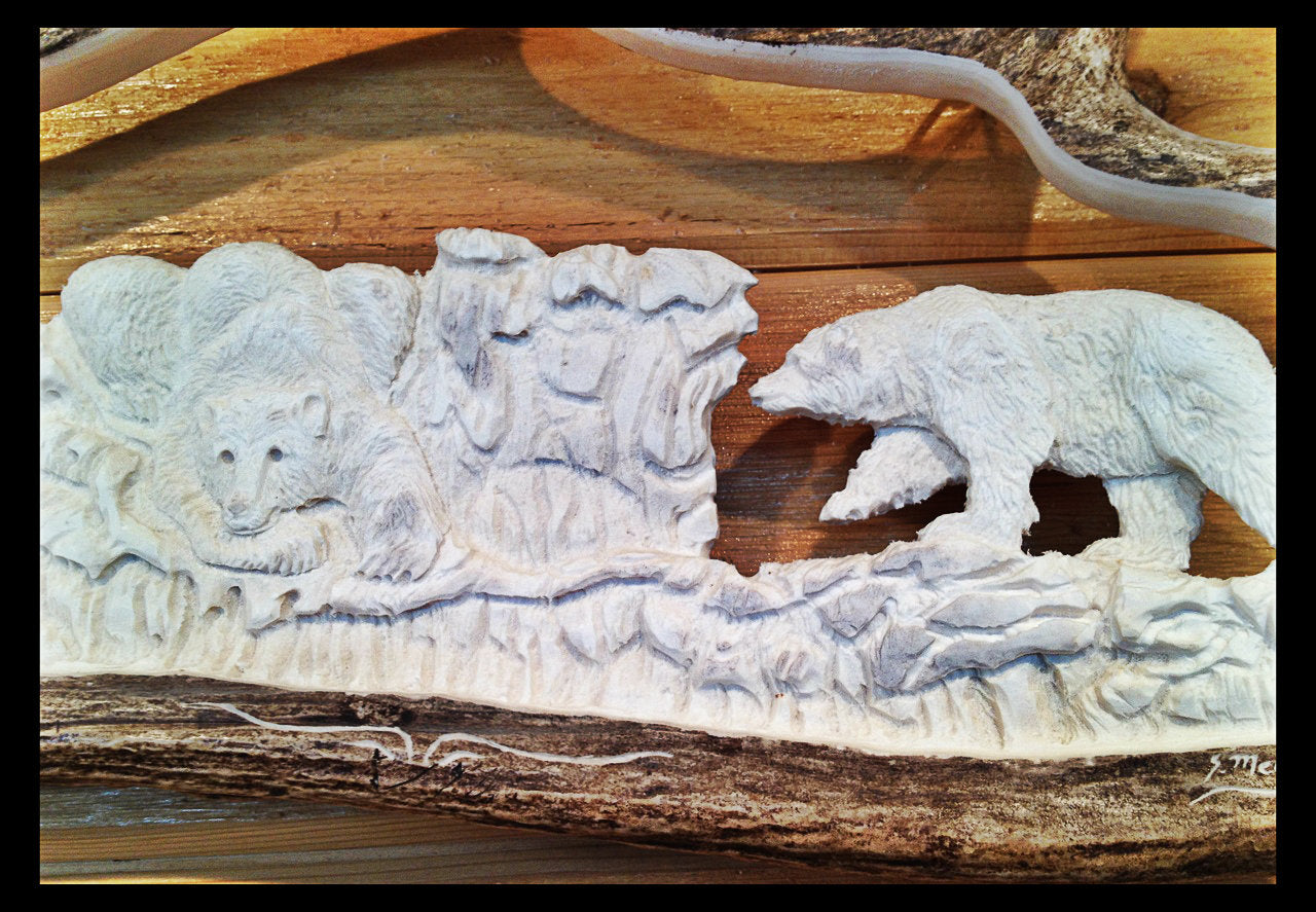 Polar Bears Moose Antler Carving, 24"-28"