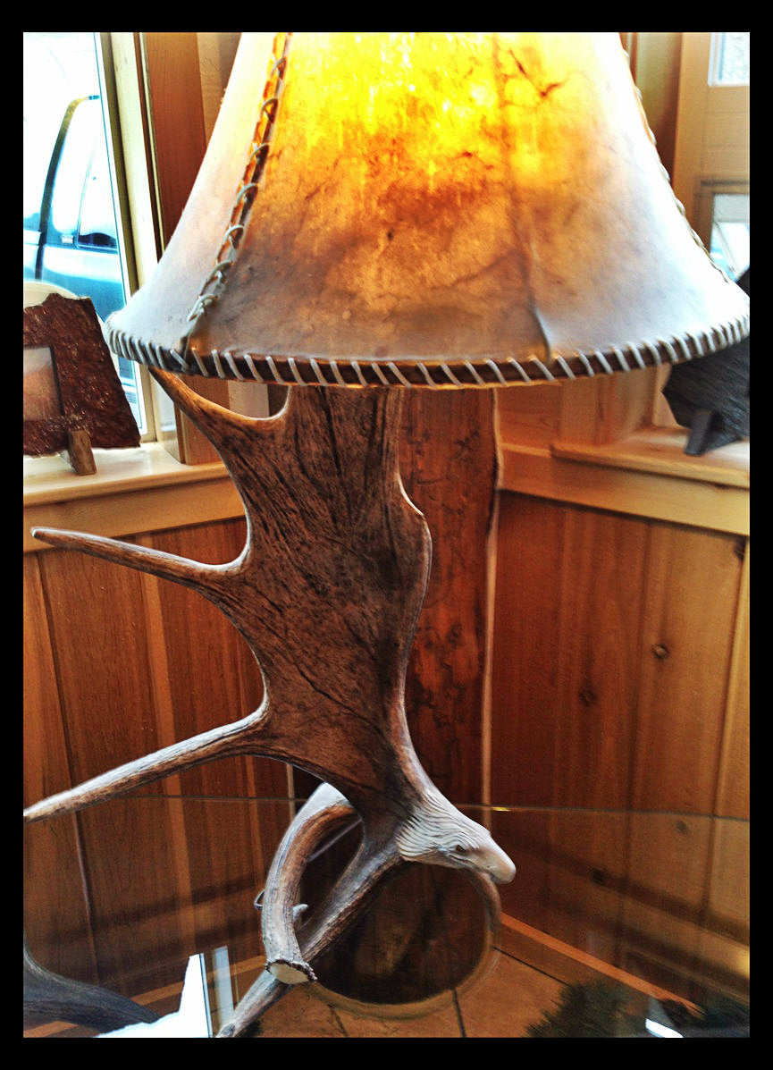 Moose Antler Table Lamp w/Eagle Head, Rawhide Shade