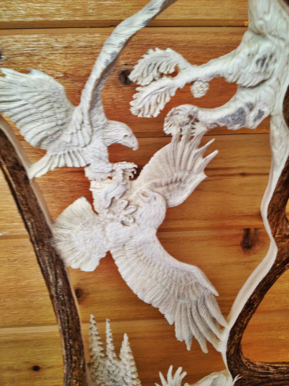 Fighting Eagles Antler Carving w/Base