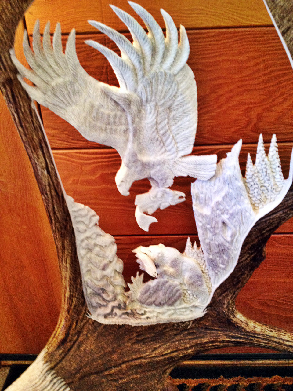 Last Catch Eagle Salmon and Bear Moose Antler Carving