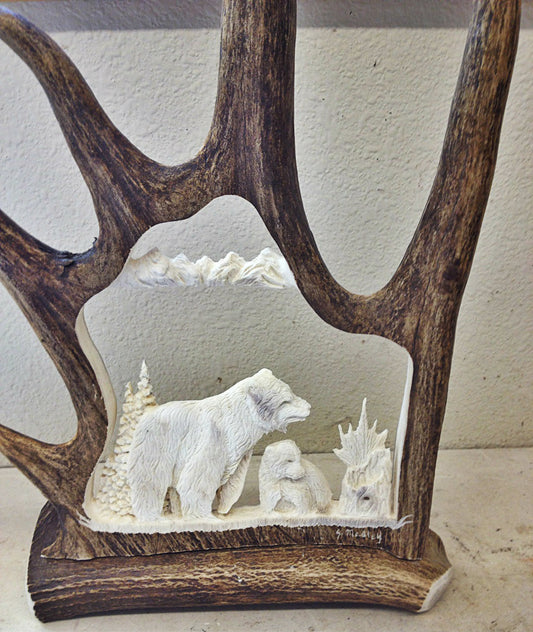 Momma Bear with Cub Antler Carving