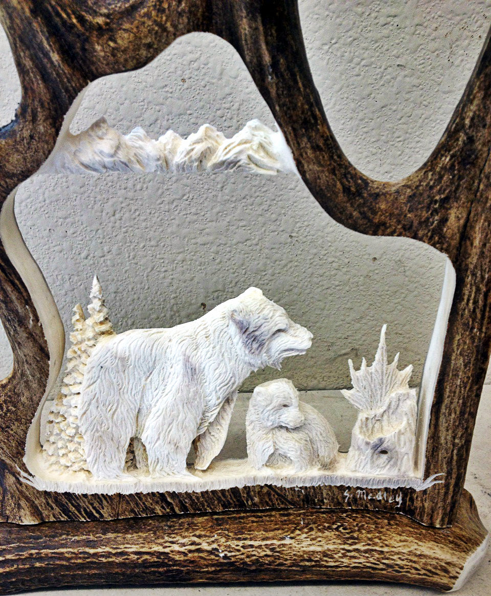 Momma Bear with Cub Antler Carving