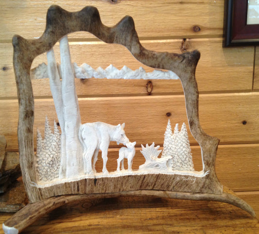 Momma Moose and Calf Antler Carving