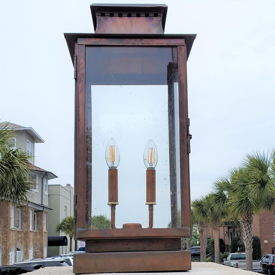 Copper column mount rustic lantern