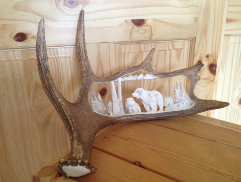 Momma Grizzly & Her Cub Moose Antler Carving, 20-24"