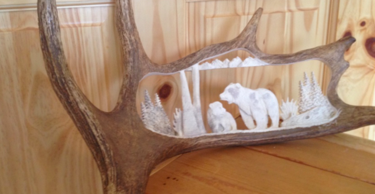 Momma Grizzly & Her Cub Moose Antler Carving, 20-24"