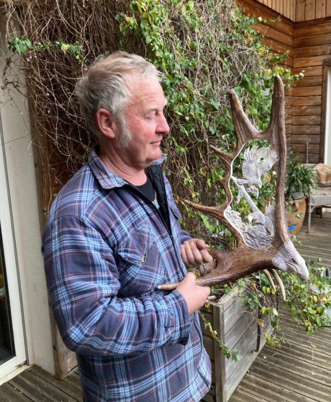 Last Catch Eagle Salmon and Bear Moose Antler Carving