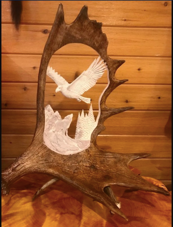 Howling Wolf and Wild Eagle Moose Antler Carving
