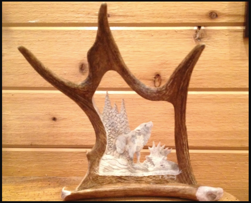 Howlin' at the Moon Wolf Antler Carving