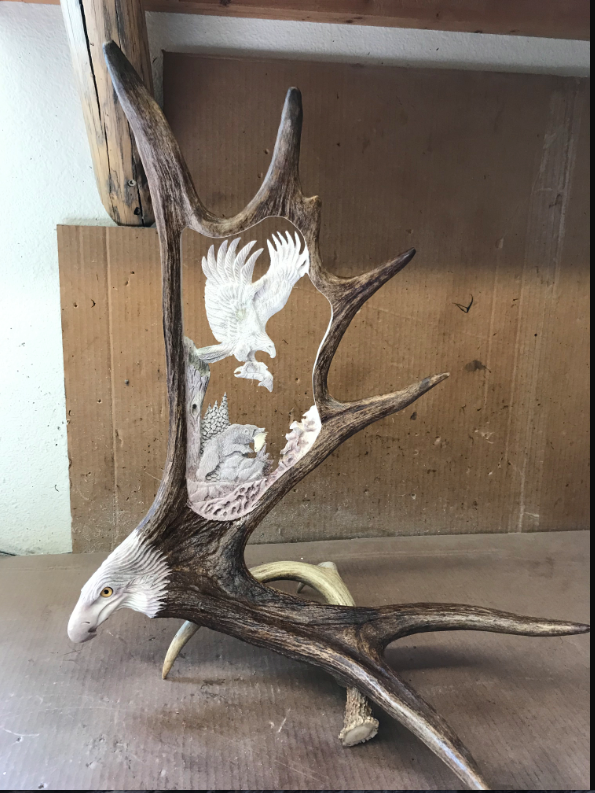 Last Catch Eagle Salmon and Bear Moose Antler Carving