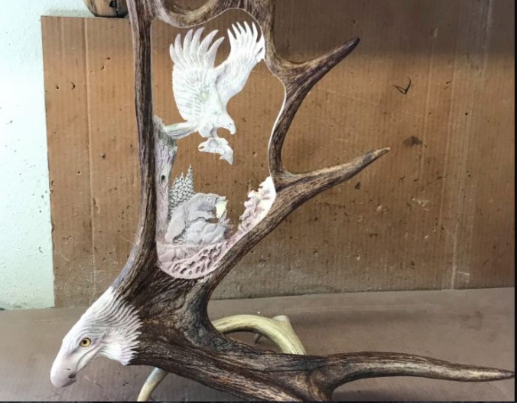 Last Catch Eagle Salmon and Bear Moose Antler Carving